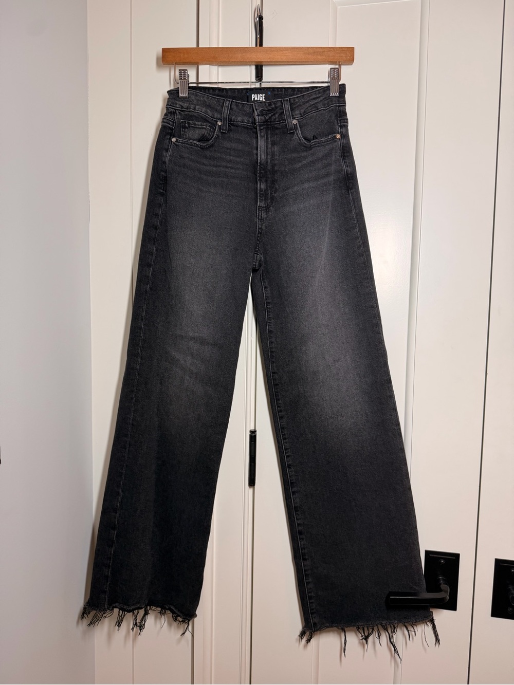 PAIGE Washed Black Wide Leg Jeans with Frayed Hem